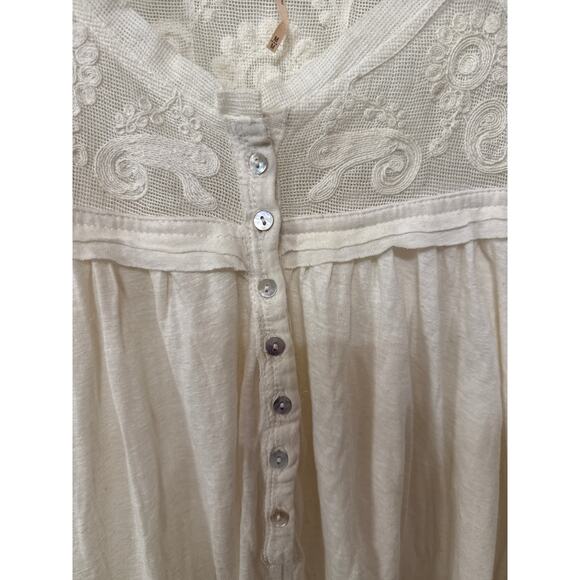 Free People To the Sea Lace Cream Oversized Long-Sleeve Henley Blouse Top, M - Picture 5 of 9